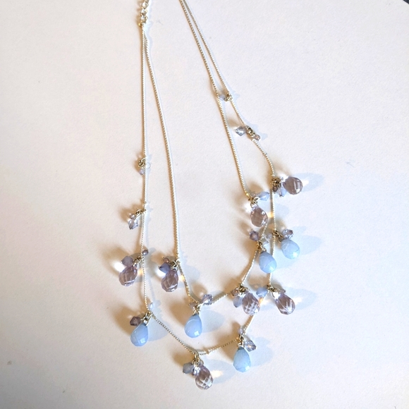 Silver two chain light blue and clear beaded necklace - Picture 2 of 7